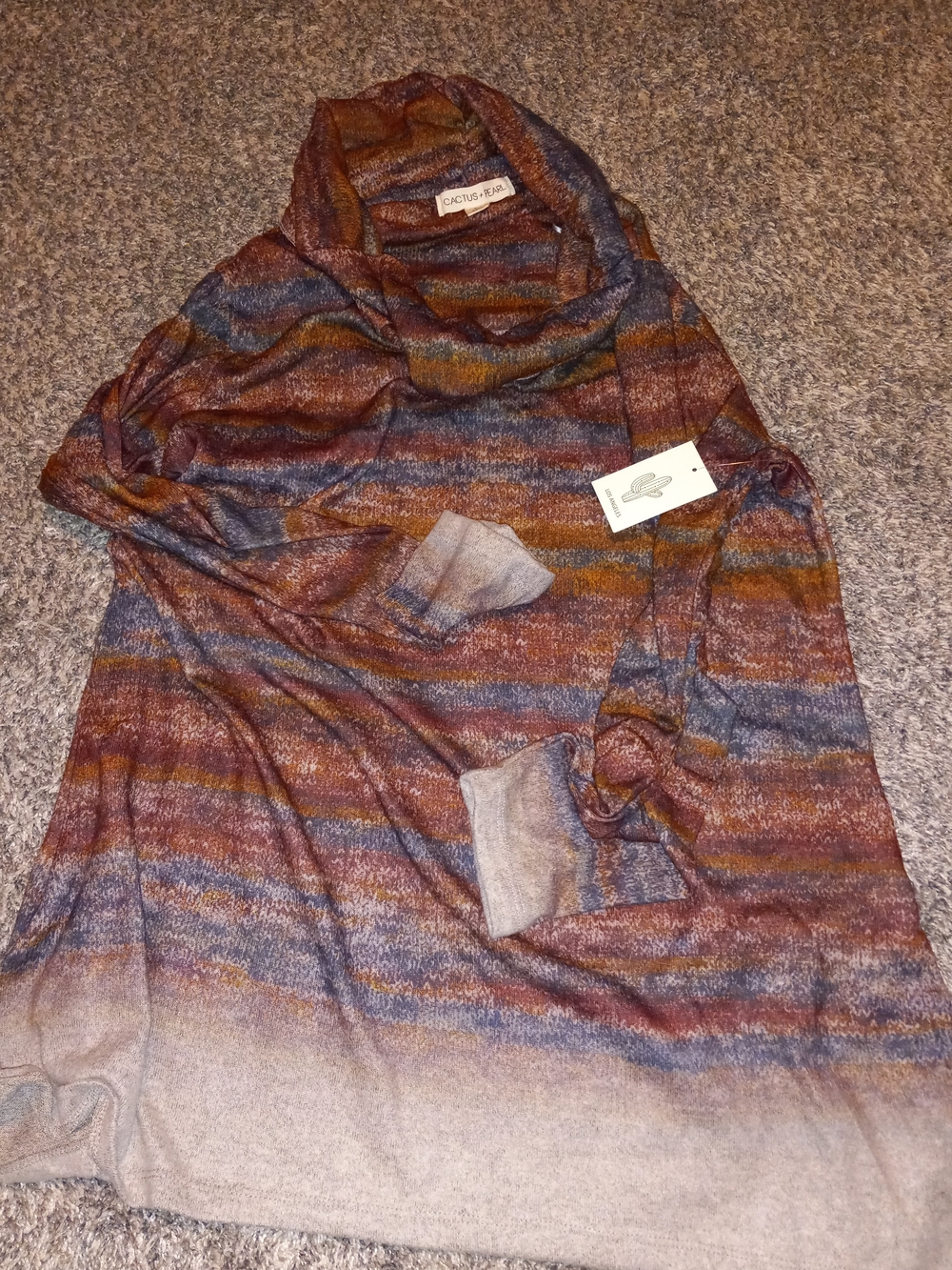 Cactus Striped Cowl Neck Sweater in Rust, Blue and Mustard